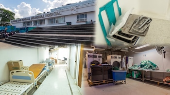Collage con la fachada de un hospital, bandejas con instrumental médico, camas en un pasillo y una lavandería con prendas apiladas.