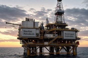 Plataforma petrolera en el mar con letreros blancos que dicen Navitas Petroleum y Rockhopper Exploration bajo un cielo nublado.