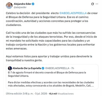 El alcalde de Cali, Alejandro Eder, apoyó la iniciativa del presidente electo, Abelardo de la Espriella - crédito @alejoeder/X