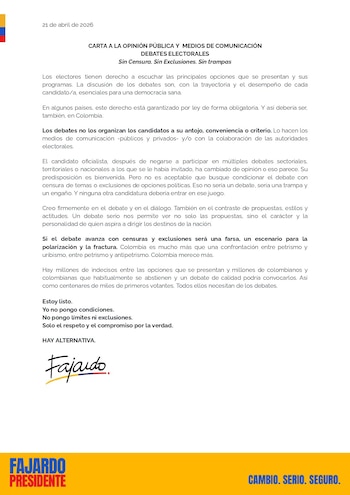 El candidato Sergio Fajardo aseguró que los debates deben incluir a todos los candidatos, porque la ciudadanía tiene derecho a escuchar sus propuestas - crédito @sergio_fajardo/X