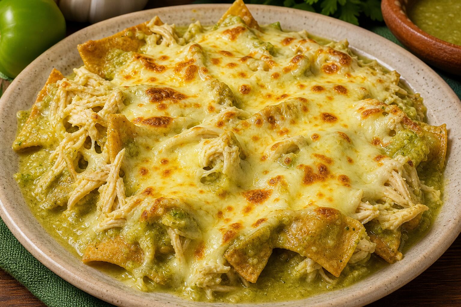 Un plato de chilaquiles suizos presenta totopos de maíz bañados en salsa verde cremosa, carne de pollo desmenuzada y una superficie de queso fundido. (Imagen Ilustrativa Infobae)
