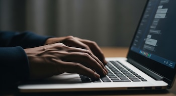 Manos de una persona tecleando en una computadora portátil plateada, con una pantalla oscura que muestra una interfaz de conversación digital.
