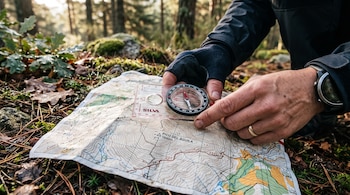 Manos con guantes sujetan una brújula transparente sobre un mapa topográfico en un suelo de bosque con hojas secas.