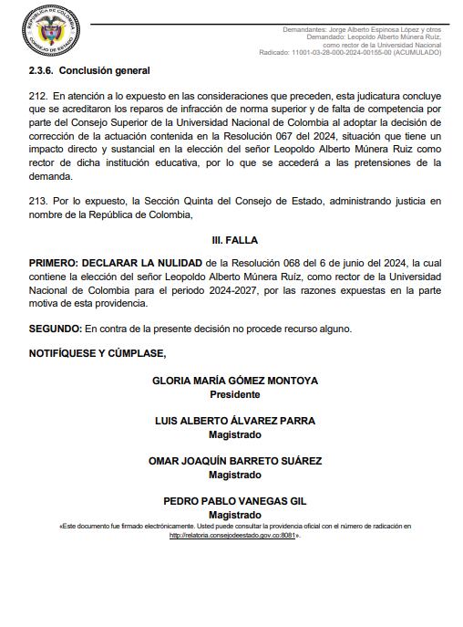 La entidad determinó que el proceso de designación del rector había concluido el 21 de marzo de 2024, fecha en la que el Consejo Superior Universitario nombró a José Ismael Peña Reyes - crédito Consejo de Estado