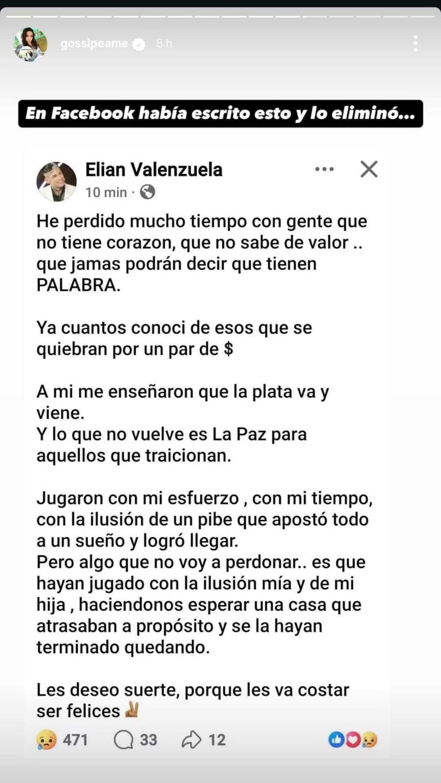 El posteo que realizó L-Gante en su cuenta de Facebook y luego borró (Instagram)