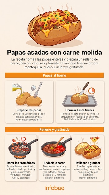 Infografía con ilustraciones de papas asadas rellenas, sartenes con ingredientes al fuego, una bandeja de horno y textos instructivos.