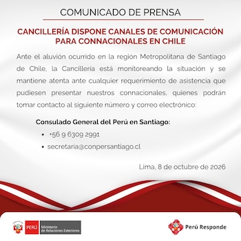 Comunicado del Ministerio de Relaciones Exteriores del Perú con datos de contacto del Consulado General en Santiago de Chile
