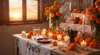 Mesa con mantel blanco bordado, flores naranjas, velas encendidas, calaveras decoradas, vaso de agua, plato con sal y sahumerio humeante.