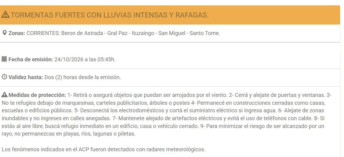 Un aviso meteorológico a corto plazo advierte sobre tormentas y ráfagas para cinco localidades de la provincia de Corrientes. (Servicio Meteorológico Nacional)