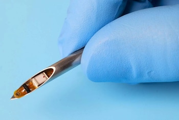 Una mano con guante azul sostiene una aguja metálica hueca que contiene un pequeño chip electrónico en la punta
