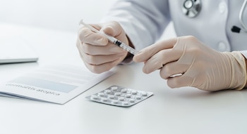 Manos enguantadas de un profesional de la salud sosteniendo una jeringa prellenada y un blíster de comprimidos junto a un folleto de dermatitis atópica.