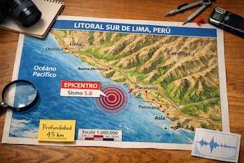 Mapa del litoral sur de Lima, Perú, muestra epicentro de sismo 5.8 y profundidad de 45 km. Incluye lupa, cámara, grabadora, compás y gráfico de sismógrafo.