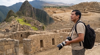 Hombre con mochila y cámara frente a ruinas de adobe. Detrás y a la izquierda, ruinas de piedra de Machu Picchu y montañas.
