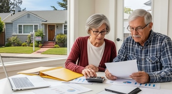 Pareja de adultos mayores sentada en una cocina luminosa revisando documentos y una calculadora; por la ventana se ve una casa con letrero "Se vende".