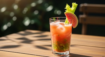Un vaso transparente de agua de guayaba con apio, hielo y trozos verdes, adornado con una rodaja de guayaba y un tallo de apio, sobre una mesa de madera con sombras.