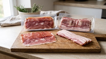 Lonchas de jamón y tiras de tocino sobre una tabla de madera junto a dos paquetes plásticos transparentes en una encimera de cocina.