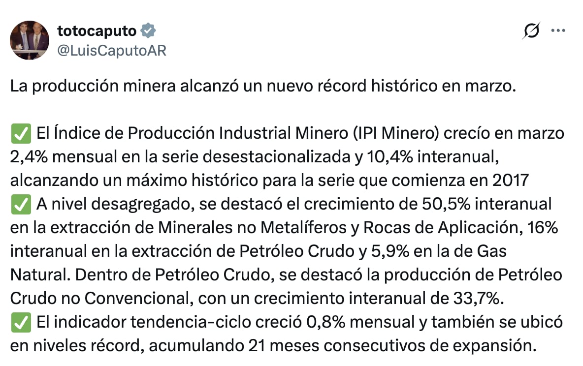 El ministro de Economía Luis Caputo reaccionó al récord de la producción minera