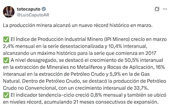 El ministro de Economía Luis Caputo reaccionó al récord de la producción minera