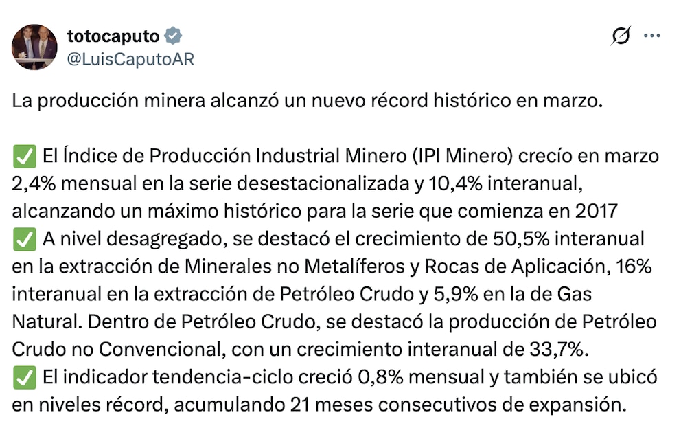 La minería argentina alcanza su mayor nivel en casi una década impulsada por petróleo, gas y litio
