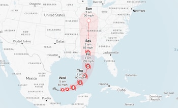 Mapa con la trayectoria pronosticada de un ciclón desde el golfo de México hacia el norte de Estados Unidos con fechas y velocidades del viento