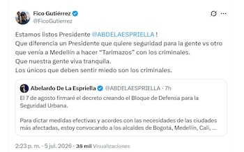 El alcalde de Medellín, Federico Gutiérrez, fue uno de los más enfáticos sobre el tema de seguridad urbana que propone Abelardo de la Espriella - crédito @FicoGutierrez/X