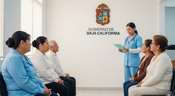 Una enfermera o profesional de la salud con uniforme azul habla con cinco adultos mayores sentados en una sala de espera blanca con el logo de Baja California.