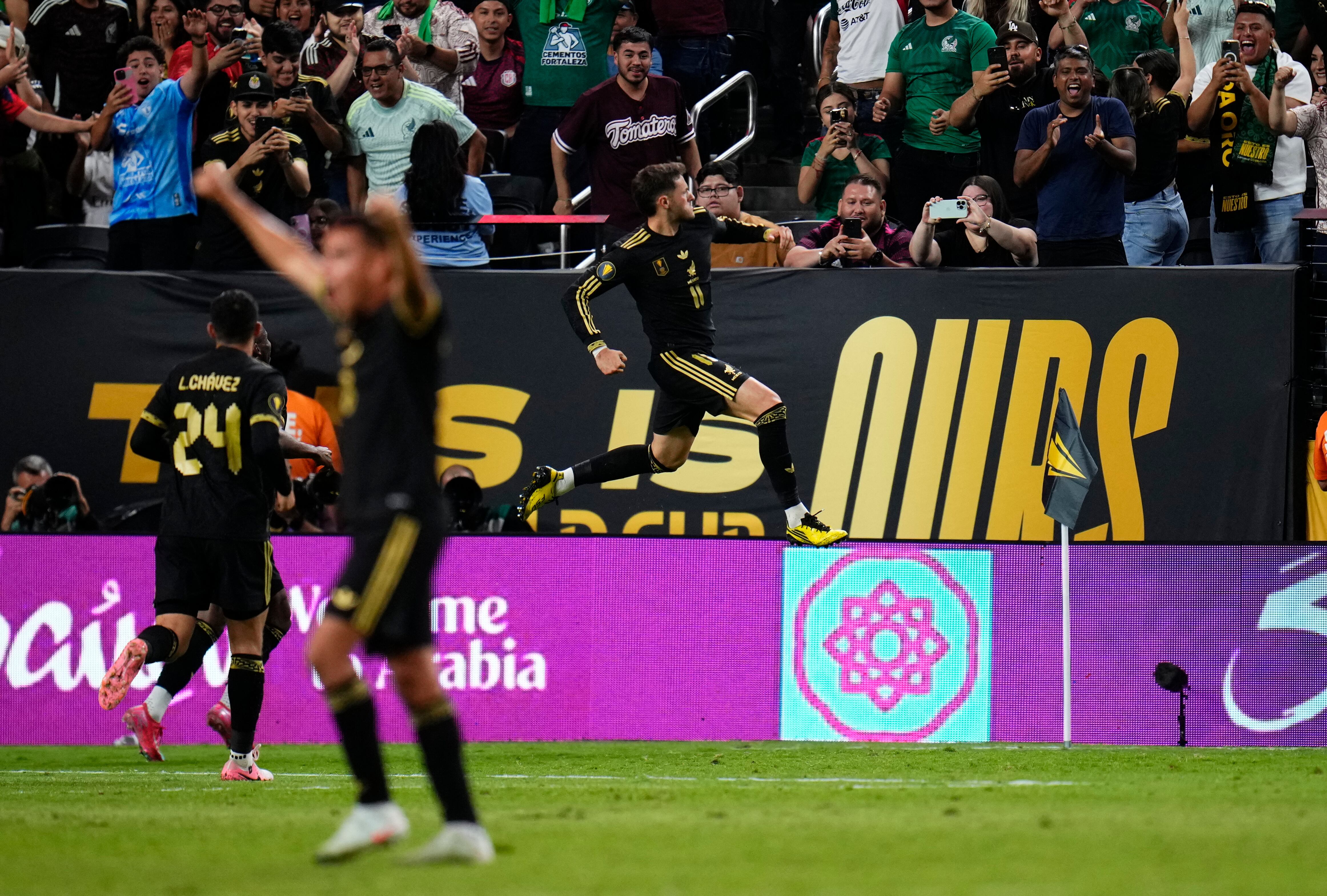 Jun 22, 2025; Las Vegas, Nevada, USA; Mexico forward Santiago Gimenez (11) celebrates a goal that was called back due to offsides during the second half against Costa Rica during a group stage match of the 2025 Gold Cup at Allegiant Stadium. Mandatory Credit: Matt Aguirre-Imagn Images