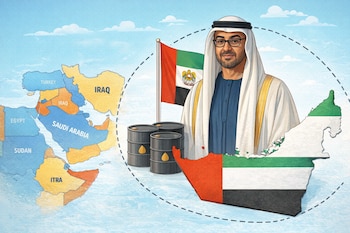 Ilustración de Mohamed bin Zayed con la bandera y el mapa de Emiratos Árabes Unidos, barriles de petróleo, enmarcado sobre un mapa del Medio Oriente con países vecinos.