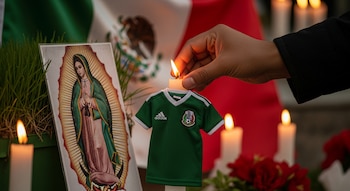 Mano sujetando vela encendida con camiseta verde de la Selección Mexicana. Junto a la vela hay una imagen de la Virgen de Guadalupe, césped y más velas. Bandera mexicana de fondo.