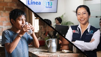 Joven bebe agua, salpicándose. Mujer con uniforme del Ministerio de Salud y logo Línea 113 sonríe. Pantalla del servicio y operadores al fondo