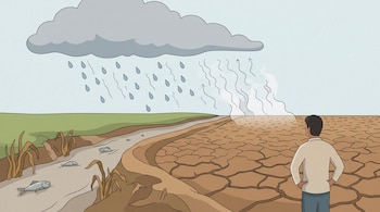 Ilustración de una nube con lluvia que se evapora sobre un terreno agrietado, un hombre de espaldas y un río seco con peces muertos.
