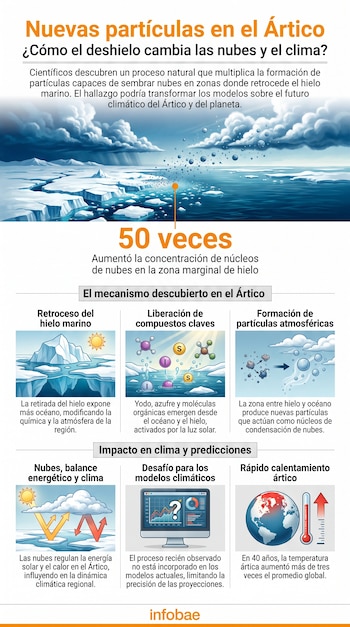 Infografía muestra paisaje ártico con hielo derritiéndose, nubes, diagramas de liberación de compuestos, formación de partículas, computadora y termómetro de calentamiento.