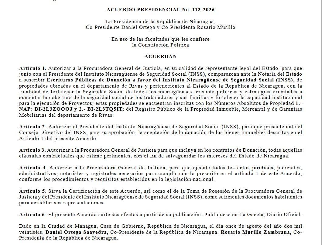 Los acuerdos sobre propiedades estatales en Rivas y Managua ordenan que la Procuradora General de Justicia y el presidente del INSS firmen las escrituras de donación. (Captura de La Gaceta Nicaragua)