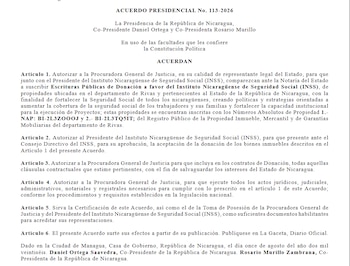 Los acuerdos sobre propiedades estatales en Rivas y Managua ordenan que la Procuradora General de Justicia y el presidente del INSS firmen las escrituras de donación. (Captura de La Gaceta Nicaragua)