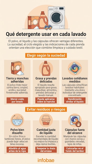 Infografía explicativa con dibujos de envases de detergente, una lavadora y bloques de texto organizados en seis secciones con el logo de Infobae.