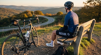 Ciclista sentado en banco de madera/piedra, espalda a la cámara. Bicicleta negra al lado. Fondo: paisaje montañoso con carretera curva, atardecer.