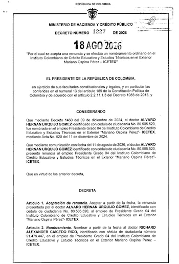 El nombramiento de Richard Caicedo quedó formalizado mediante el Decreto 1227 del 18 de agosto de 2026, expedido por el Ministerio de Hacienda - crédito X