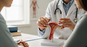 Primer plano de doctora con bata blanca y estetoscopio explicando el aparato reproductor femenino con un modelo anatómico a una paciente sentada frente a ella.