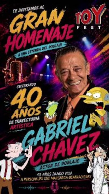 Póster de homenaje a Gabriel Chavez con su retrato, textos sobre 40 años de trayectoria artística y figuras de personajes animados