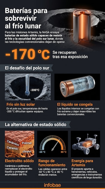 Infografía con esquemas de baterías, un cráter lunar, un termómetro bajo cero, un diagrama de electrolito sólido y un vehículo espacial.