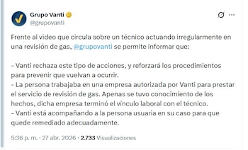 La empresa Vanti anunció el despido inmediato del técnico tras la denuncia y aseguró el acompañamiento a la usuaria afectada - crédito Vanti