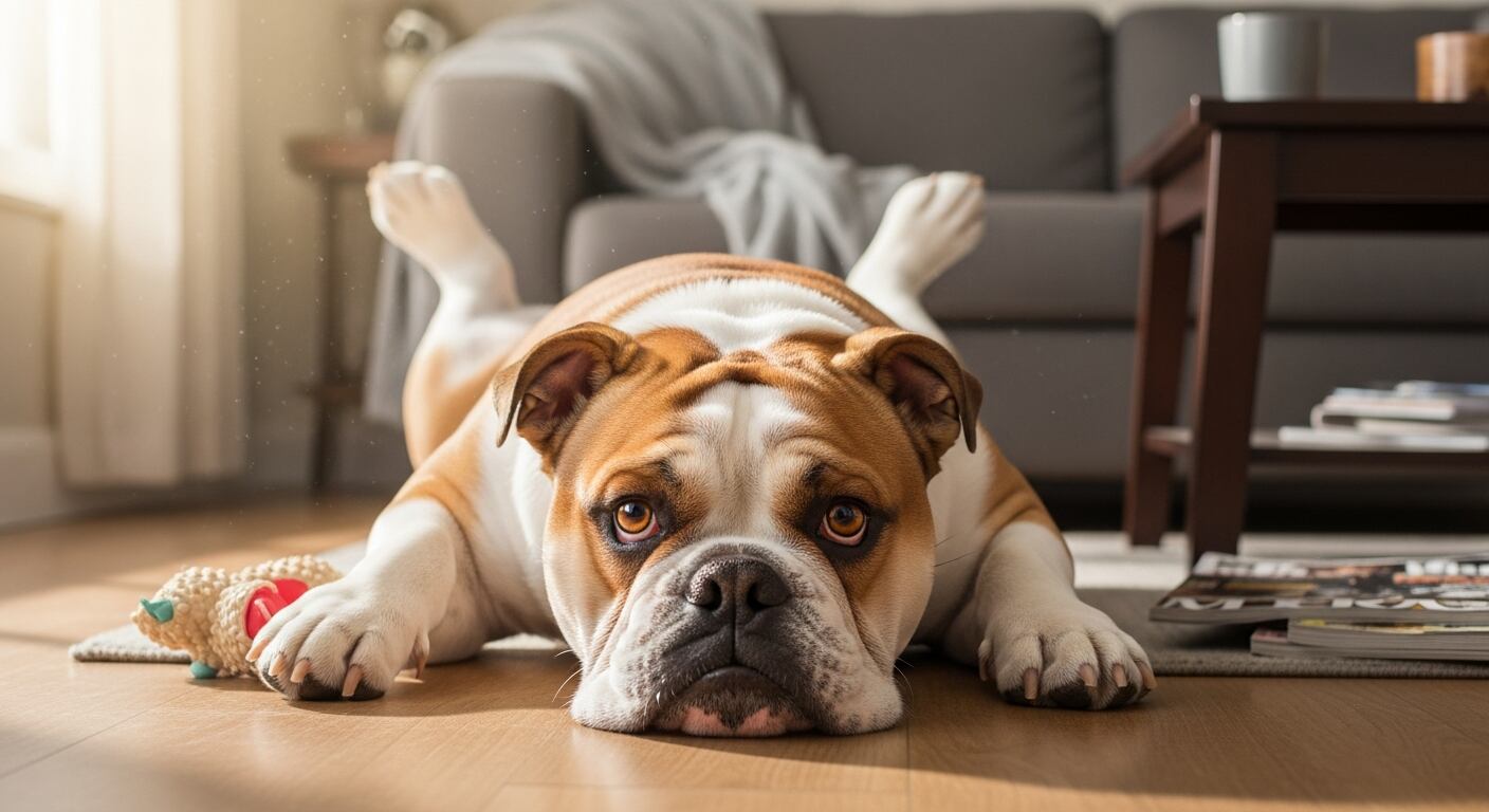 Este simpático bulldog posa de manera inusual en el suelo, con sus patas traseras levantadas, implorando juegos y cariño con sus expresivos ojos. (Imagen Ilustrativa Infobae)