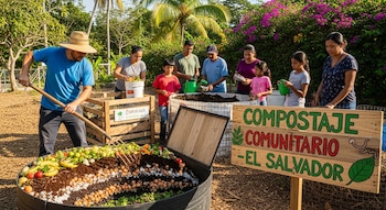 Grupo de personas, adultos y niños, en un sitio de compostaje en El Salvador. Un hombre mezcla desechos orgánicos en un gran contenedor con una horquilla. Se ve un letrero de madera.