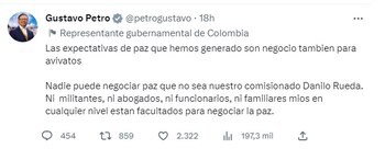 Tuit de Gustavo Petro sobre narcotraficantes y gestores de paz.