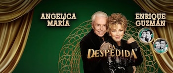 Hombre y mujer posan sonriendo. Textos: Angelica María, Enrique Guzmán, La Despedida. Fondo verde con cortinas y patrones dorados. Dos fotos antiguas