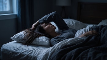 Una mujer está recostada sobre una almohada en una cama con sábanas en una habitación con iluminación tenue