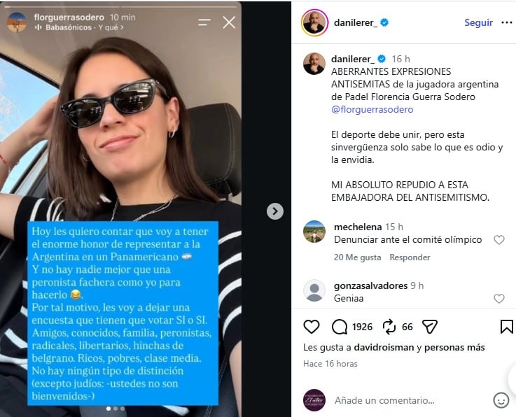 Un mensaje publicado en Instagram por la jugadora argentina de pádel Florencia Guerra Sodero genera repudio y debate en las redes sociales. (@danilerer)