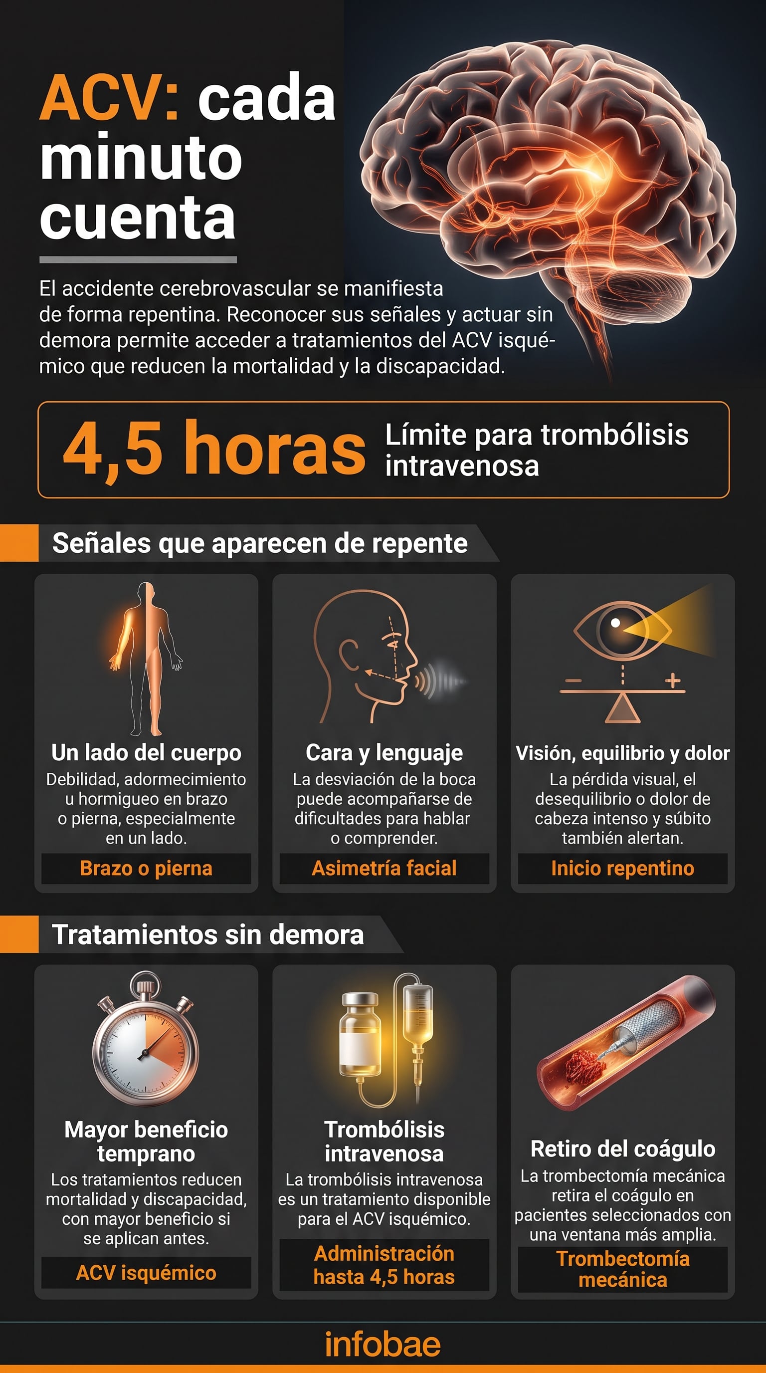 Una infografía de Infobae detalla las señales repentinas del accidente cerebrovascular y los plazos límite para acceder a la trombólisis y la trombectomía. (Imagen Ilustrativa Infobae)