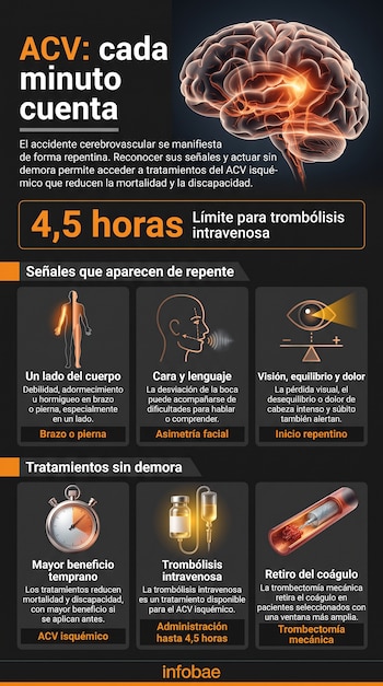 Infografía con un cerebro iluminado, un cronómetro, un suero, un catéter y diagramas de síntomas sobre fondo oscuro con textos explicativos.