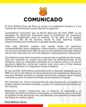 Atlético Grau – Sporting Cristal – Liga 1 2026 – Perú – deportes – 13 abril